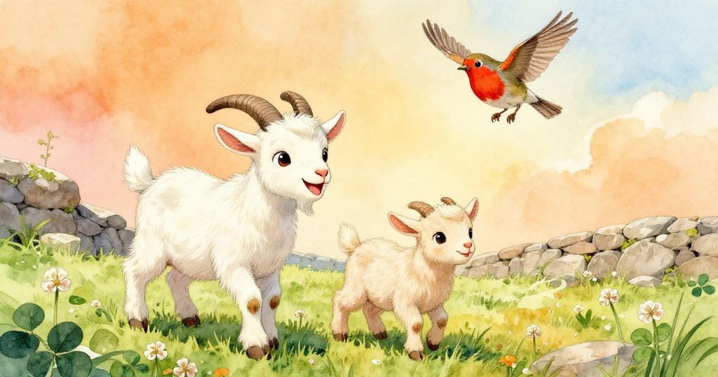 碎石新坡連接美麗三葉草地，年輕山羊與小夥伴快步前行，知更鳥在空中高飛，滿懷團聚喜悅。