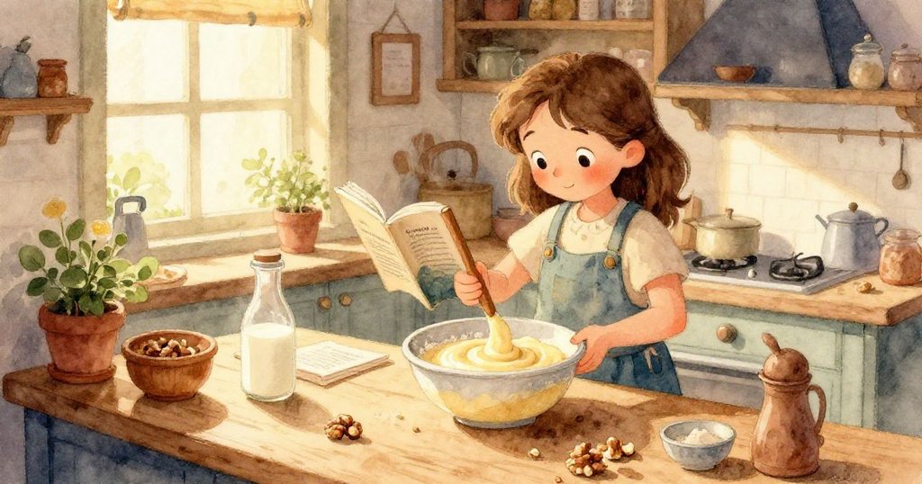 Opal專注地用雙手攪拌麵糊，廚房木質櫃檯上散落麵粉和核桃碎，溫馨且細膩的動作展現專注