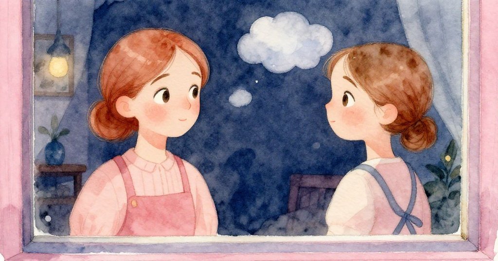 Opal透過窗戶玻璃看到自己充滿期待的面容，窗外雲朵掠過帶來涼意，室內光影交錯溫暖寧靜