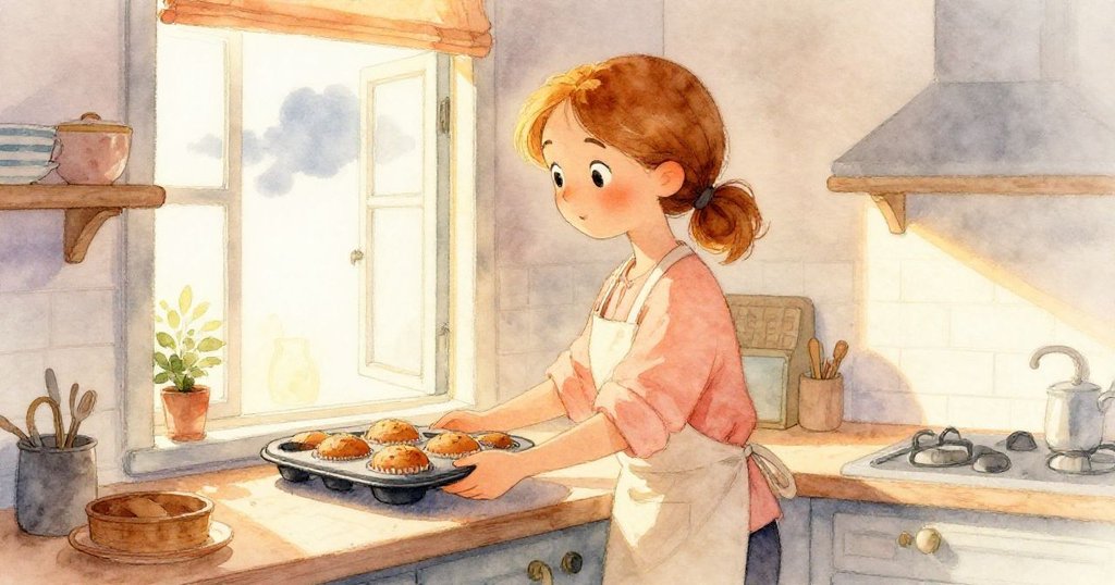 Opal將熱鬆餅盤輕放窗邊，窗外陽光與涼風交替出現，動作中透露著對時間與氣流的敏感把握