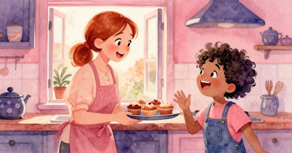 Opal與鄰居在廚房裡共享快樂時刻，兩人笑著欣賞剛出爐的鬆餅，溫暖陽光與室內光線交相輝映
