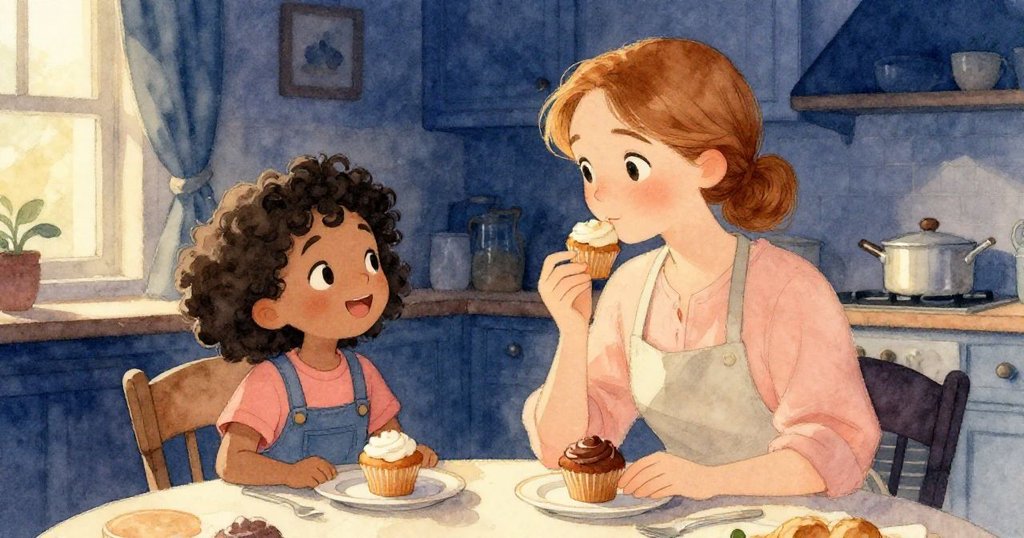 Opal與鄰居在晚光中圍坐餐桌，共享精美鬆餅，室內溫暖與寧靜氛圍中展現團聚喜悅