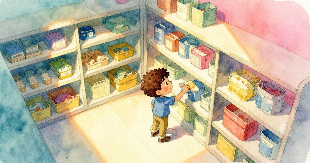 Felix 在寧靜儲藏室中從高處俯瞰架子,身穿藍襯衫,表情好奇,展現故事開端的探索與期待。