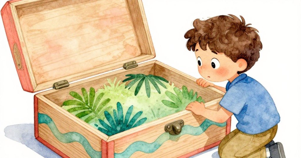 Felix 仔細觸摸刻著波浪花紋的木箱表面,專注探索溫暖柔軟感,展現故事發展中的驚奇與發現。