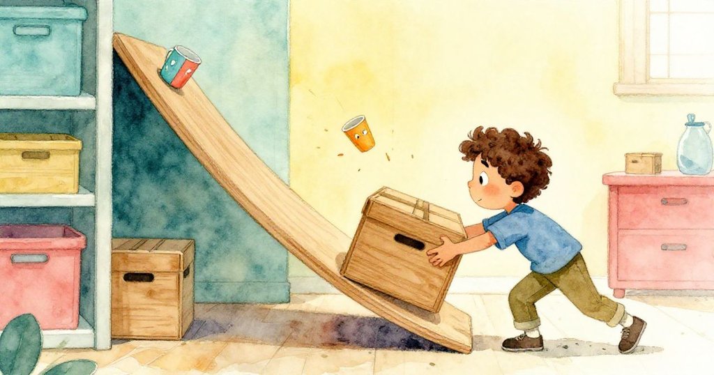 Felix 用雙手推動木箱,讓架子意外傾斜出隱藏坡度,臉上流露出驚喜與專注,展現故事高潮初現。