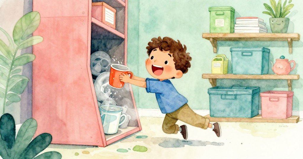 Felix 臉上滿是喜悅,將杯子順利穿過傾斜架子的縫隙,展現出勝利的笑容與故事發展的歡慶氛圍。