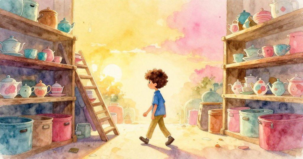 Felix 在金色夕陽中離開傾斜架子,室內溫暖寧靜,滿懷成就與平和,故事在柔光下完美落幕。