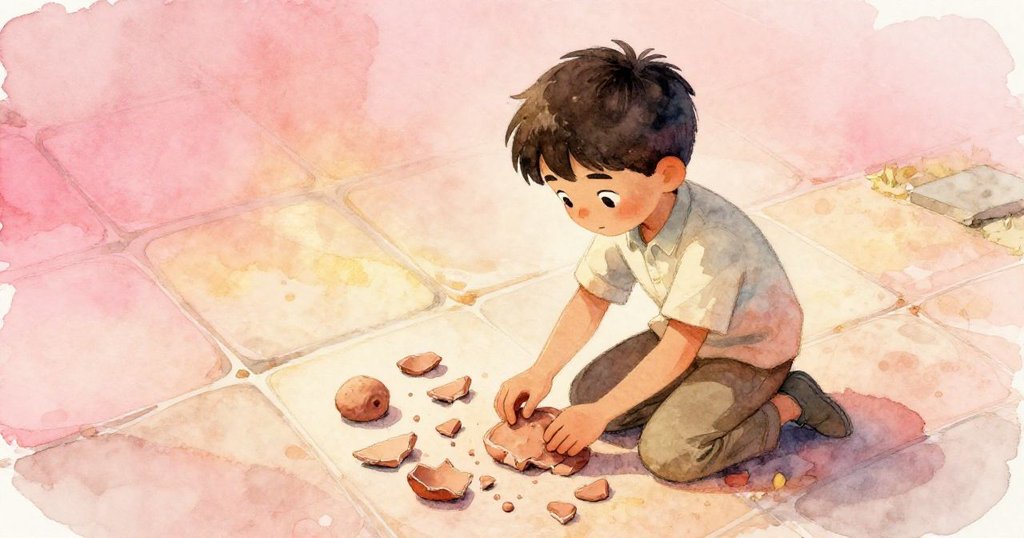 科爾俯身於鋪滿石磚的地面,小心拾起破碎的黏土碎片,臉上流露出專注與擔憂,背景有晨光輕拂。