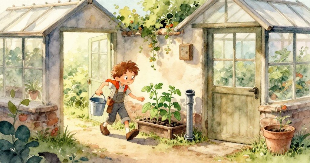 在明媚的晨光下,溫室與盛開的藤蔓、番茄生長的園景展現出濃厚季節氣息,科爾身影點綴其中。