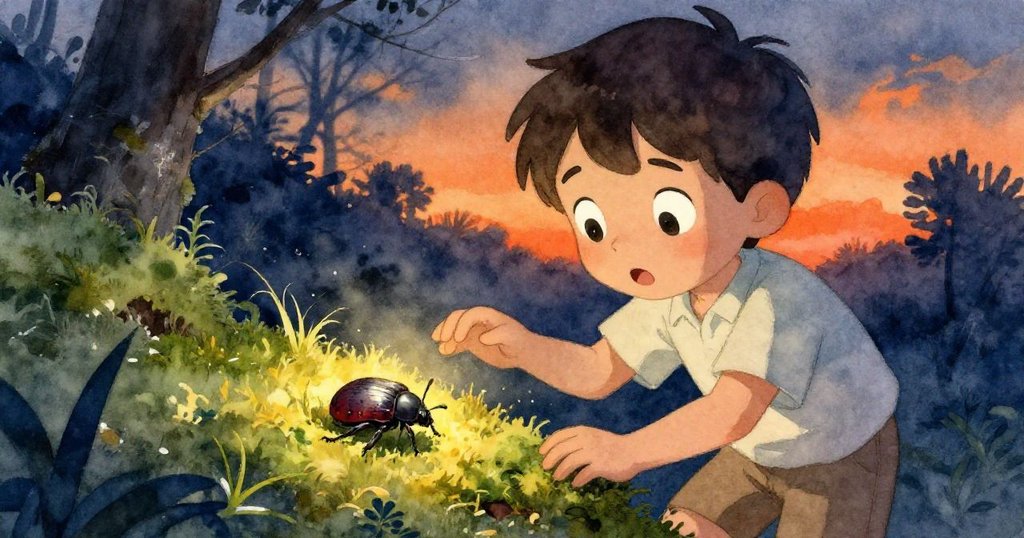 科爾發現綠苔中一隻閃閃發光的小甲蟲,臉上驚喜表情清晰,充滿好奇與驚奇,背景柔和溫暖。