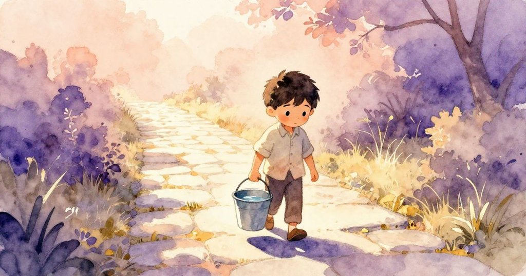 科爾懷抱滿水的水桶於陽光灑落的石徑旁短暫休憩,水滴輕輕落下,他臉上露出平靜滿足的微笑。