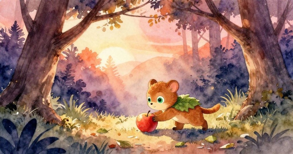 Crisp在晨曦中穿過樹枝形門戶，興奮地推動濕潤樹葉上的蘋果，臉上充滿希望表情，展現冒險開始。