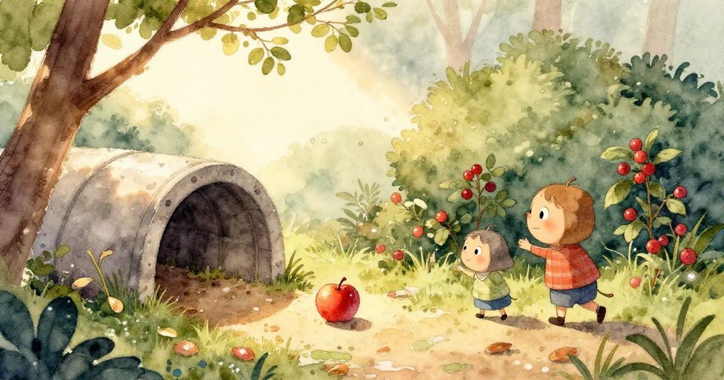 Crisp專注地用小爪輕觸蘋果，蘋果上滴露閃爍，樹葉搖曳，展現專注好奇的情感。