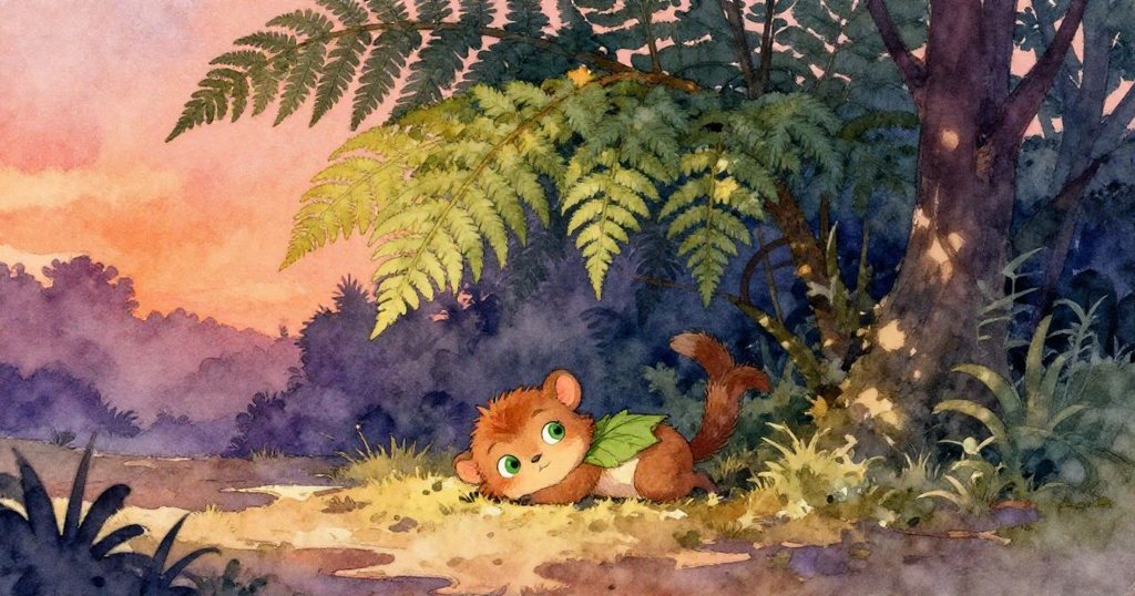 傍晚時分，Crisp安心休憩於高蘚蕨旁，反思冒險日程，柔和光影映襯寧靜情景。