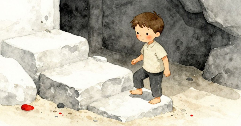 邁爾斯小心踩在粗糙石階上，砂粒隨足跡散開，場景展現探索途中溫柔而堅定的腳步