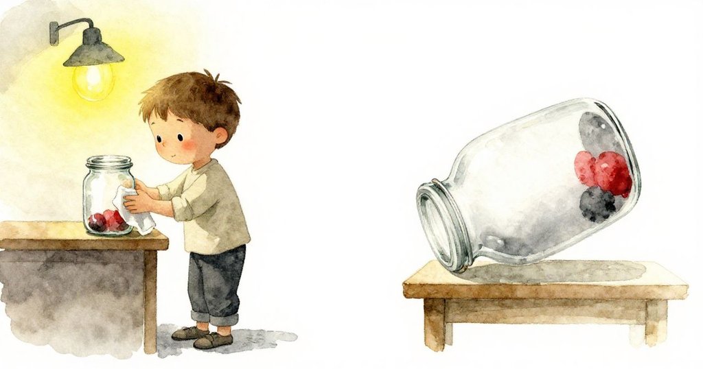 邁爾斯一面用布擦拭玻璃瓶，一面見玻璃瓶滑落桌邊，燈光溫暖，臉上流露驚訝與專注