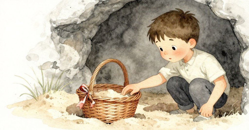 邁爾斯伸手輕觸隱蔽角落中柳條籃與絲帶，細沙小丘旁透露出神秘探索的溫柔氣息