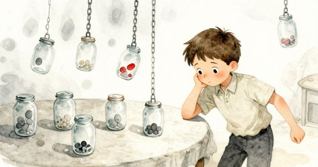 邁爾斯靠在桌邊，臉上流露緊張與專注，玻璃瓶與鏈條顫動營造出懸念緊迫氛圍