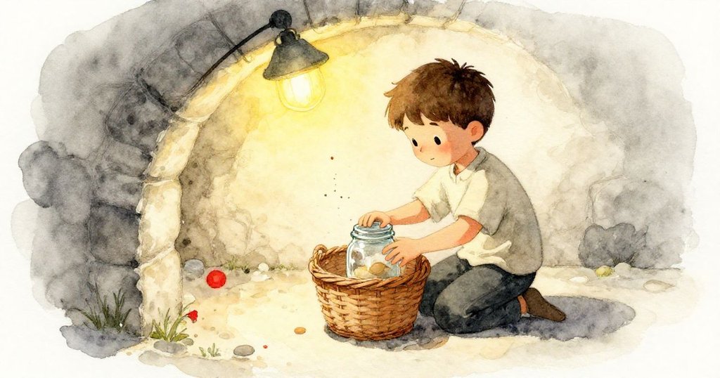 邁爾斯在金色燈光中安靜整理玻璃瓶，柳條籃旁落塵靜謐飄散，場景溫暖祥和，結局平靜美好