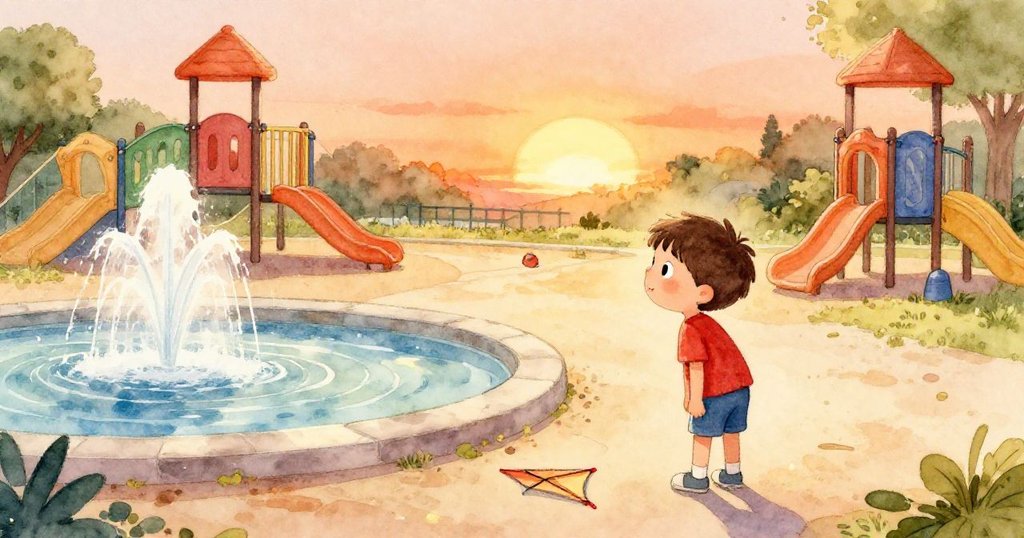 Owen 來到陽光遊樂場,注視噴水池旁的小風箏,臉上充滿期待與興奮,背景是明亮的石板路與噴水景象。