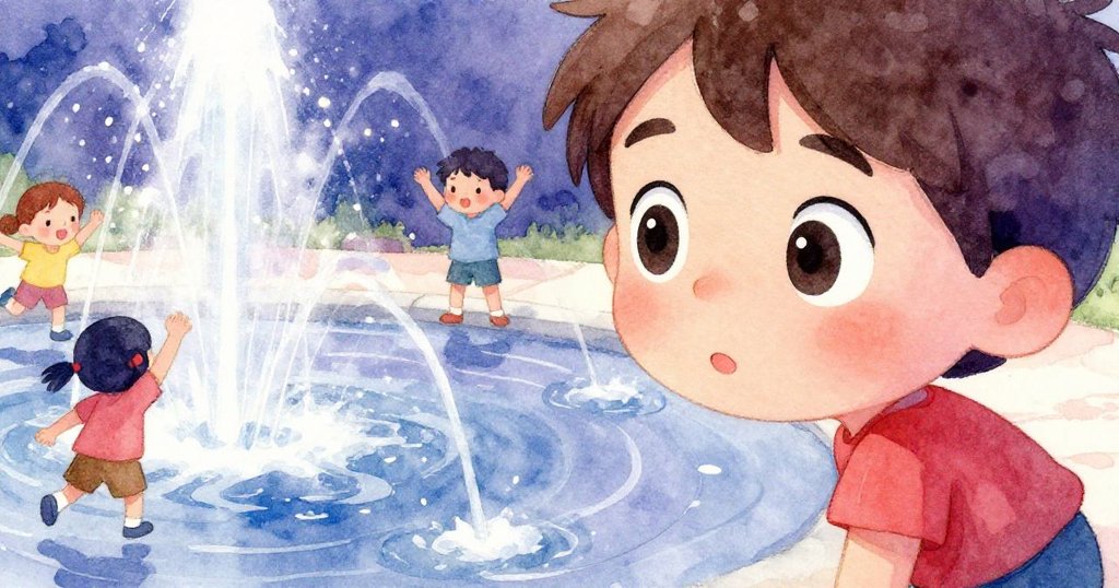 Owen 專注地注視噴水池中停頓的水柱和跳舞孩子,雙眼閃爍著好奇與計算,每個細節呈現柔和玫瑰粉與深紫色調。