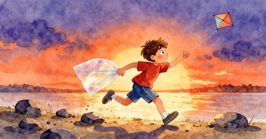 Owen 手持透明塑膠片,俐落奔跑於近乾石板路上,全神貫注地瞄準遠處的小風箏,展現決心與動感。