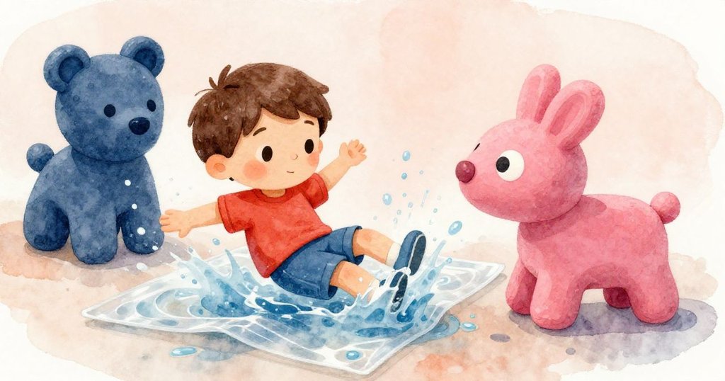 Owen 因突如其來的水花滑倒,不慎撞上彩色塑膠雕塑,臉上表情閃現驚訝與無奈,場景充滿柔和桃色與玫瑰粉調。