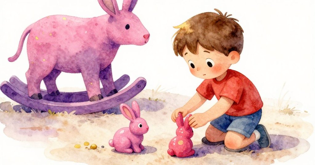 Owen 輕柔扶正跌在沙地上的兩隻塑膠兔,背景中彩色雕塑微微搖晃,臉上洋溢著溫柔關懷與安慰。