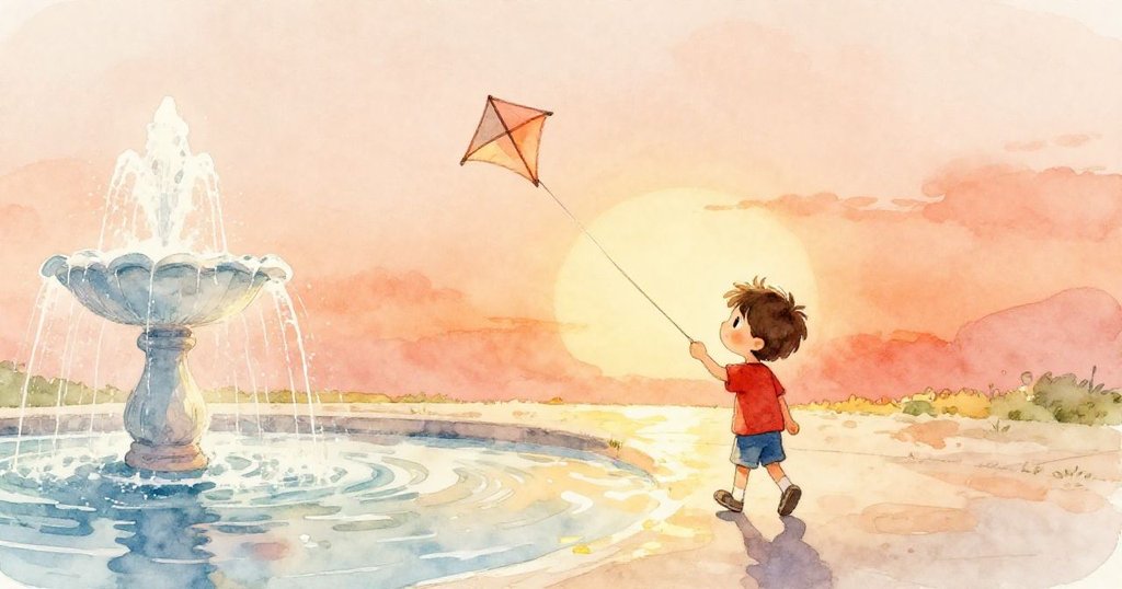 Owen 緩步離開噴泉現場,隨風飄揚的小風箏映襯夕陽餘暉,臉上流露著平靜與留戀,場景充滿柔和桃色光影。