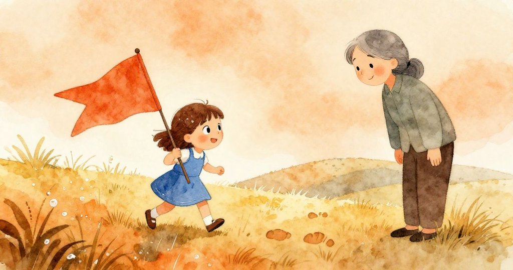 Tess舉著鮮豔旗幟走向低矮小山,老師在旁點算足跡,晨光柔和灑落在濕潤草地上,充滿希望與活力。