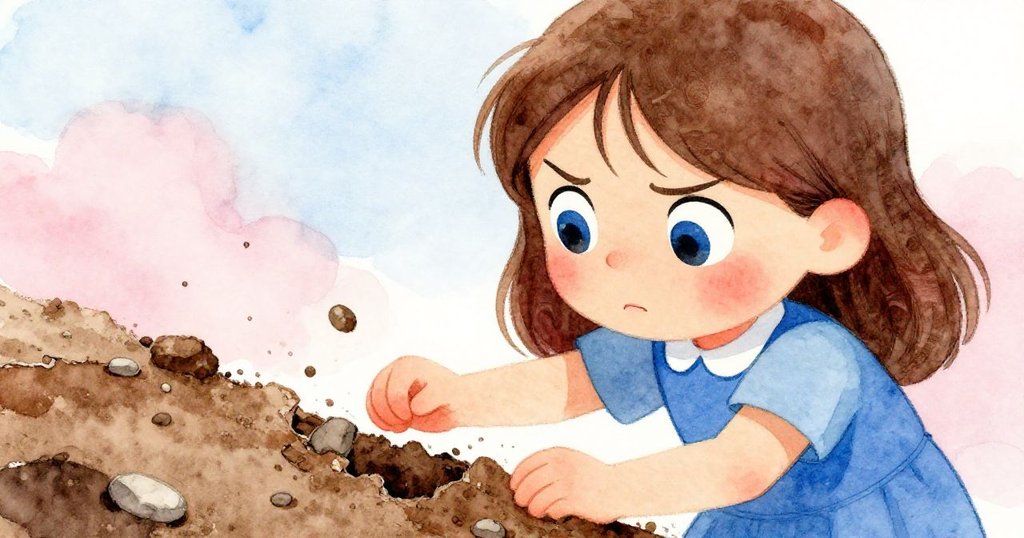 Tess聚精會神地觀察乾裂泥土與細碎石子,眼中滿懷決心與好奇,展現堅毅精神與探險心情。