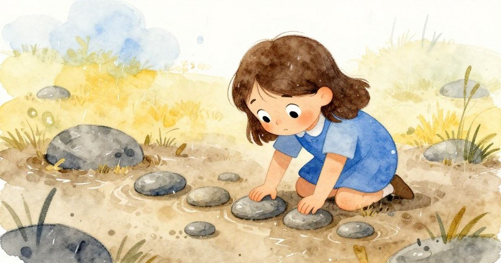 從小生物視角看見Tess蹲下修補石磚,鬆軟泥濕中滴落細雨,動作專注且充滿細膩情感。