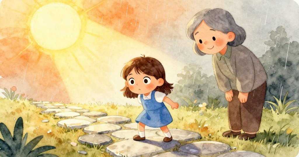 隨著雲散日出,Tess檢查修好的石徑,老師溫柔微笑,陽光驅散濕意,環境變得溫暖而充滿希望。