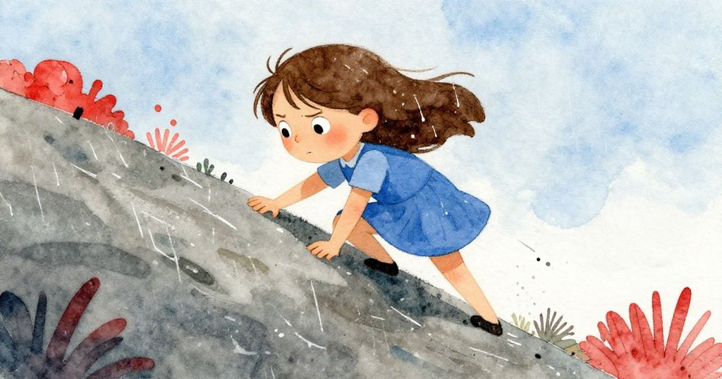 Tess在濕滑坡面上艱難攀爬,雨滴閃爍石面,她面帶挑戰與決心,勇敢面對困難的上坡路。