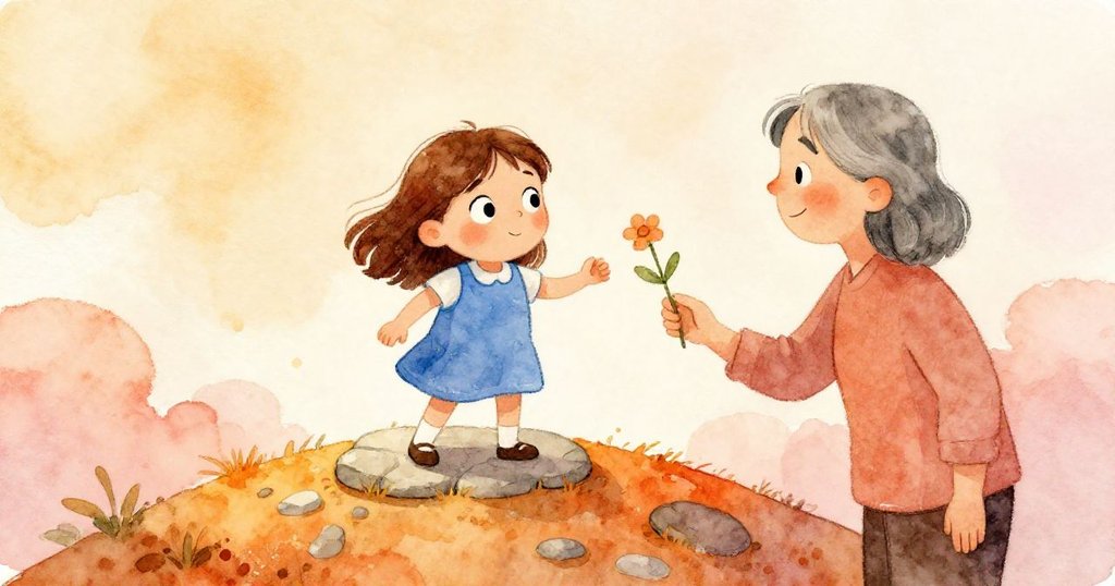 Tess穩立新築石徑上,老師送上象徵心意的小花,默契交換中流露欣慰與驕傲,夕陽溫暖整個山坡。