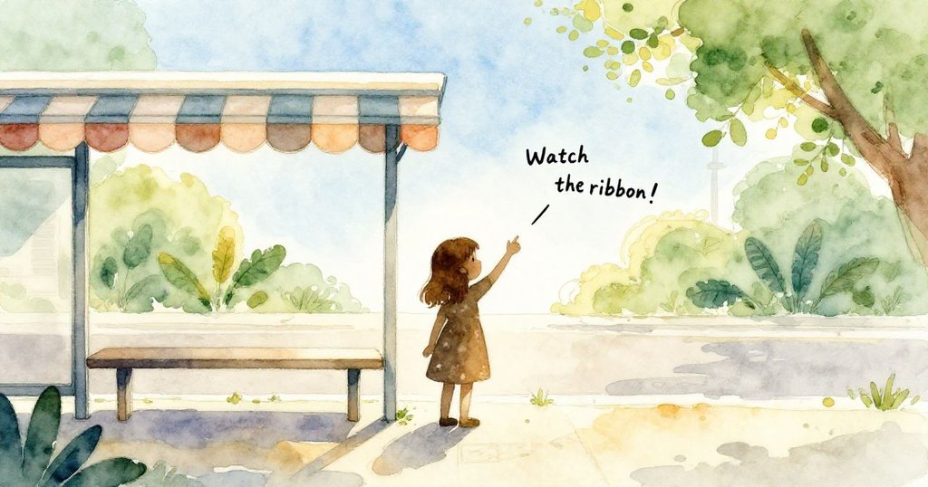 女孩站在售票窗口旁，呼喚著注意絲帶，背景有條紋遮篷與晨光，表情充滿期待與活力，展現早晨城市氣息。