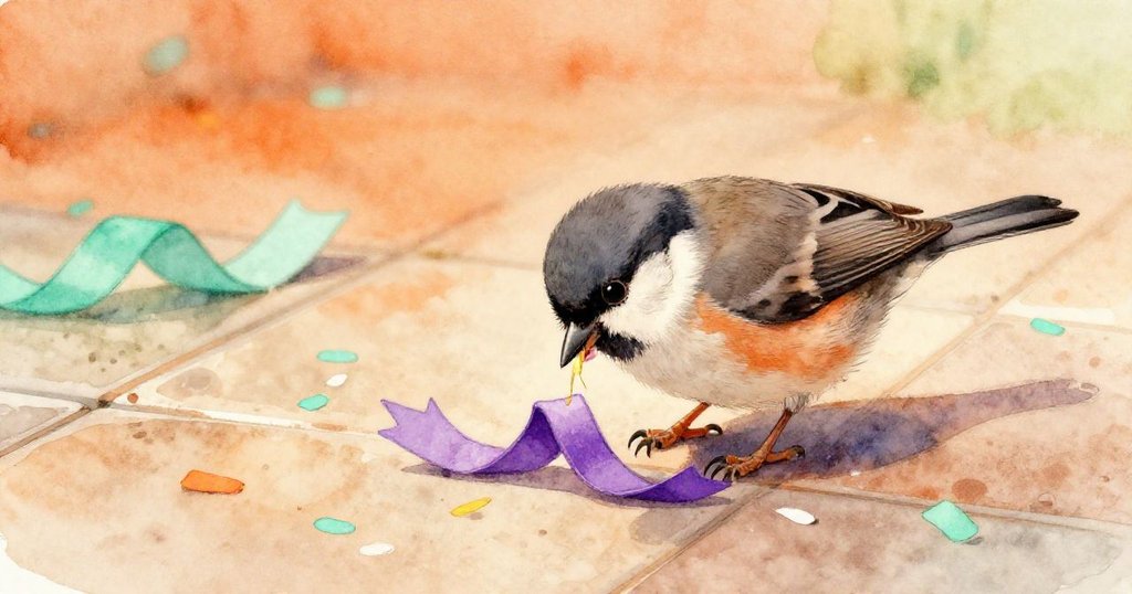 麻雀在光亮瓷磚上輕啄柔軟紫色絲帶，周圍散落著彩色紙屑，展現出好奇與輕鬆的城區晨景。