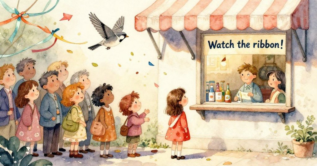 高處俯瞰車站平台，排隊人群緩步移動，氣球在軌道旁輕輕搖曳，展現出溫暖而生動的城區氛圍。