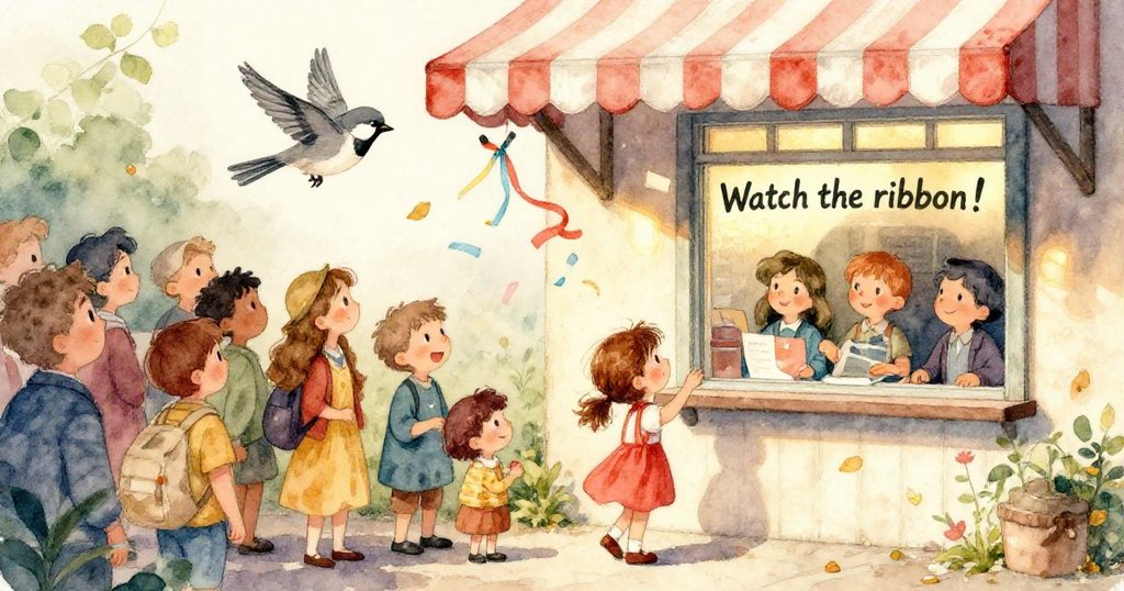 象徵性場景中，絲帶向懷舊時鐘優雅升起，氣球在廣場中輕輕搖曳，傳達出希望與時間流逝的意味。