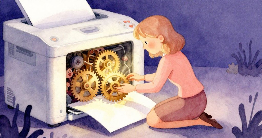 Gwen蹲下打開印表機前艙，透過半透明效果看見內部齒輪與熱氣流動，氛圍夢幻而專注。