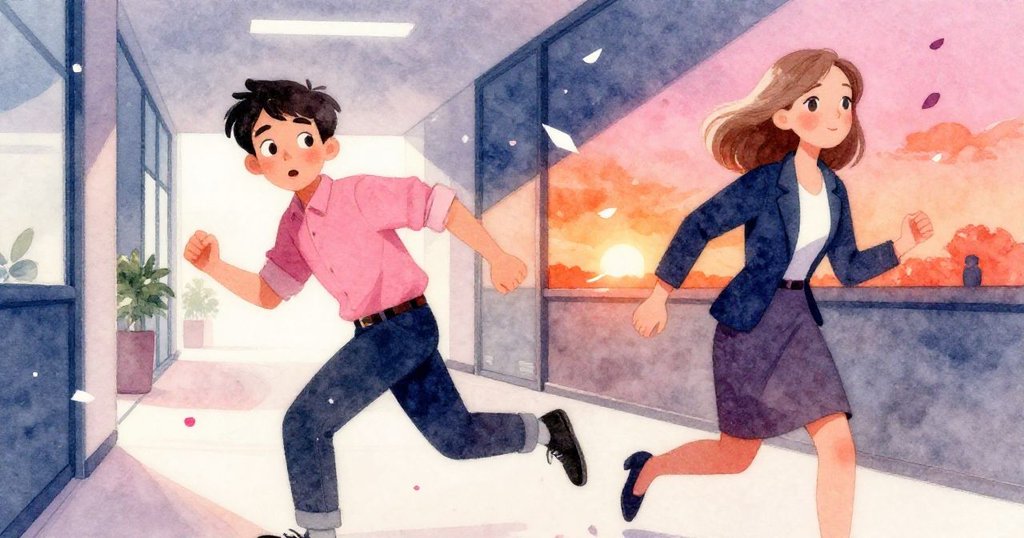 Quinn在走廊急奔滑倒，散落花瓣中顯露狼狽，Gwen急追而來，場景展現忙亂與急切追逐的情境。