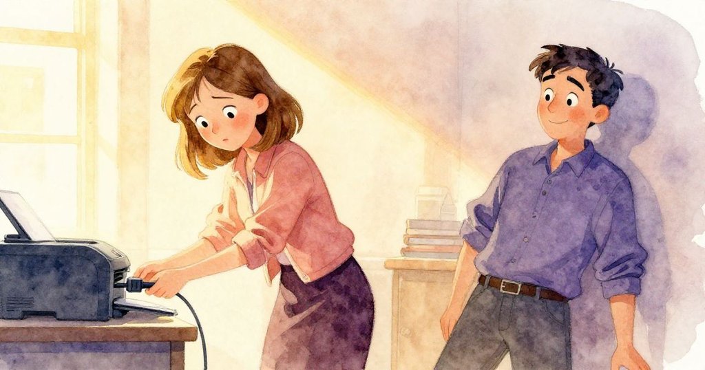 Gwen拔掉印表機電源，Quinn旁邊微笑安定，室內燈光溫暖平靜，故事走向解決與新起點。