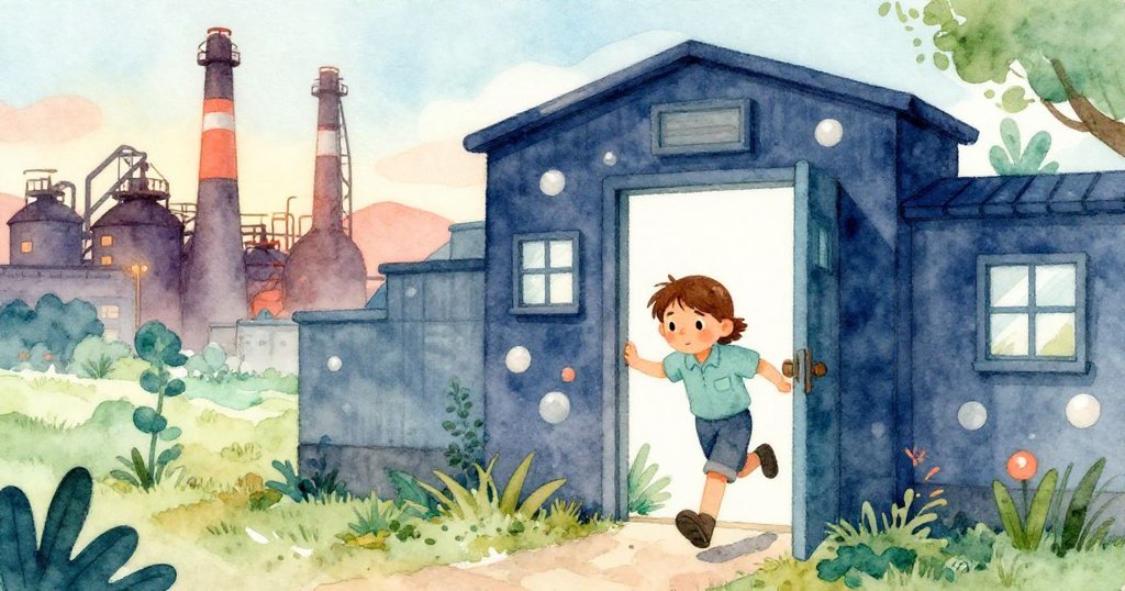 Wren走進明亮的工廠大門,晨光映襯建築紋理,她步伐堅定,背景呈現工廠外觀與溫暖曙光。