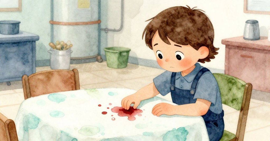 Wren在工廠休息桌旁,手指輕觸帶血跡的舊桌布,神情疑惑,光線聚焦於桌布紋理與污痕細節。