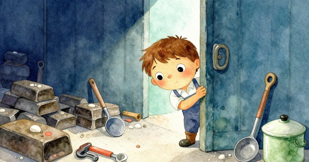 Wren從半開門縫中觀察澆鑄區內凌亂的金屬塊與工具,表情驚訝又好奇,場景充滿神秘陰影。