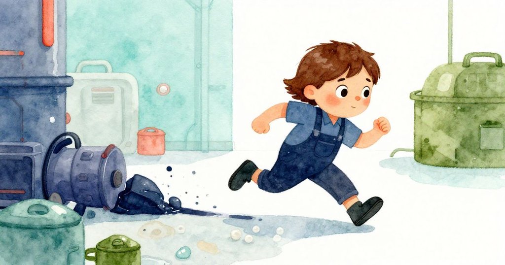 Wren急速整理散落工具,沿著細長油痕奔走,動作急促且充滿追尋神秘線索的緊張感。