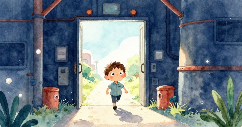 Wren走出工廠大門,面對光明開闊的未來,眼神堅定而充滿希望,背景呈現開放走廊與溫暖自然光。