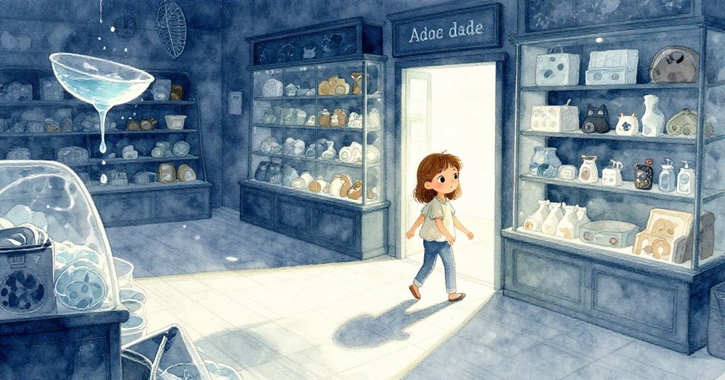 艾達好奇地走入寵物店展示區，水盤傾斜金屬邊緣顫動，室內光影交錯，展現故事開端