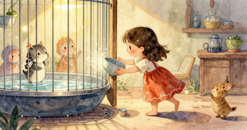 艾達輕輕舉起光滑且濕潤的淺盤，手部細節豐富，背景隱約見到毛絨玩具和棕色倦懶倉鼠，充滿期待