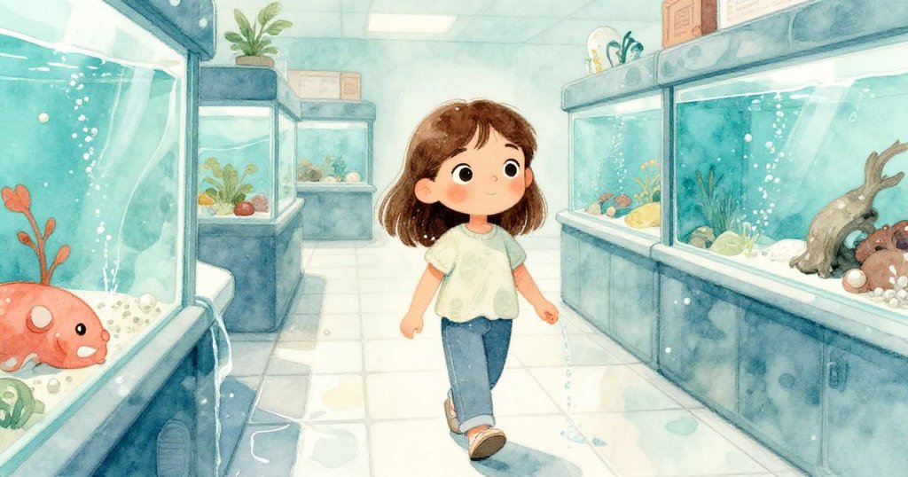 艾達走向水族箱區，水流沿著她手腕與地板跡線延展，室內光線明亮確實呈現過渡情境